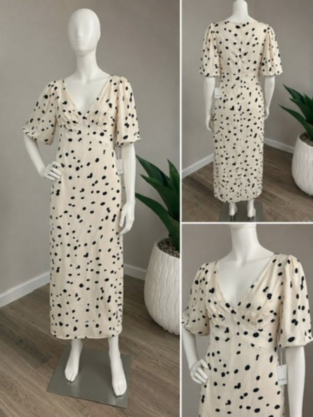 Böhme Ivory Polka Dot Midi Dress M NWT Puff Sleeve Rayon Lined